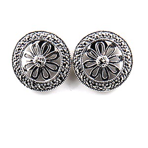 Marcasite Flower Wheel Button-sized Sterling Silver Earrings